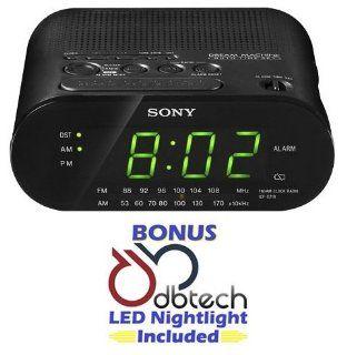 Sony Compact AM/FM Alarm Clock Radio with Large LED Display, Extendable Snooze, & Built in Battery Back Up   Black *BONUS* DB Tech LED Nightlight Included Electronics