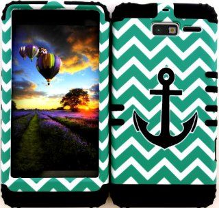 Hybrid Cover Bumper Case for Motorola Droid Razr M (XT907, 4G LTE, Verizon) Protector Black Anchor on Teal Chevron Waves Snap on + Black Silicone Cell Phones & Accessories