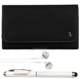 Executive Faux Leatherette Horizontal Matte Black Leather Pouch Case with Belt Clip for Visual Land Phantom ME 907 Series HD Touch Screen Media Player + White Handsfree Hifi Noise Isolating Stereo Headphones with Windscreen Mic + VG Executive Stylus Pen wi