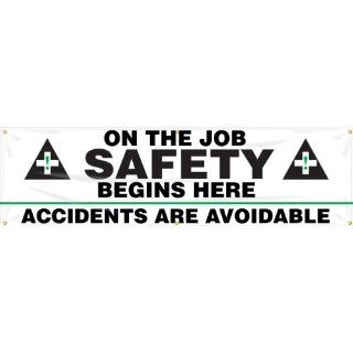 Accuform Signs MBR884 Reinforced Vinyl Motivational Safety Banner "ON THE JOB SAFETY BEGINS HERE ACCIDENTS ARE AVOIDABLE" with Metal Grommets, 28" Width x 8' Length, Black/Green on White Industrial Warning Signs Industrial & Scient