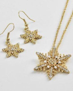 Gold with Clear Crystal Snowflake Pendant Necklace and Earring Set Fashion Jewelry Jewelry