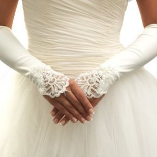 USABride Pearl Beaded Below Elbow Ivory Satin Fingerless Bridal Gloves 908S IV Clothing