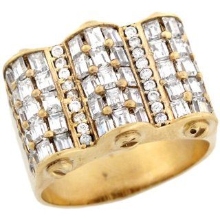 10k Yellow Gold Multiple White CZ Cilinder Bolt Unique Shape Mens Ring Jewelry