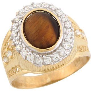 10k Real Yellow Gold White CZ Oval Tiger Eye Modern Stylish Mens Ring Jewelry