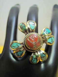 Tibetan Turqouise & Red Coral Vintage Brass Flower Tribal Ring (Four Petal) Jewelry