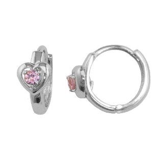 SH911 10 Sterling Silver 12mm Small Heart Pink Zirconia Accent Huggie Hoop Earrings Jewelry