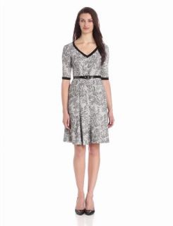 London Times Women's Belted Fit and Flare Dress, Ivory/Black, 4
