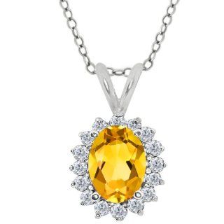 1.57 Ct Oval Yellow Citrine and White Diamond 18K White Gold Pendant 18" Chain Jewelry