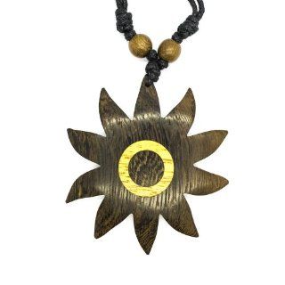 Sun Burst Pendant Made from Robles Wood with Adjustable Black Cord Necklace Jewelry