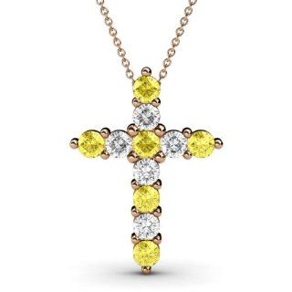 Yellow Sapphire & Natural White Round Diamond 1.21 ct tw Cross Pendant in 14K Rose Gold. Included 18 inches 14K Rose Gold Chain. Jewelry