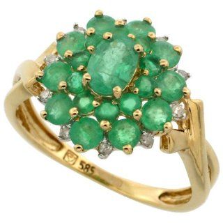 14k Gold Natural Emerald Cluster Ring Oval Center Diamond Accent, 5/8 inch Jewelry