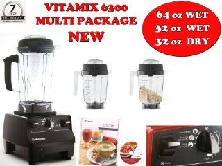 VITAMIX 6300 BLACK 64oz WET / 32oz WET / 32oz DRY Containers, with Blade and Lid . Featuring 3 Pre programmed Settings, Variable Speed Control, and Pulse Function . Includes Savor Recipes Book and Dvd. 7 Year Warranty Electric Countertop Blenders Kitchen