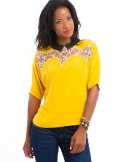 MOD Luv Women's Collared Embroidered Blouse Yellow S(921) Fashion T Shirts