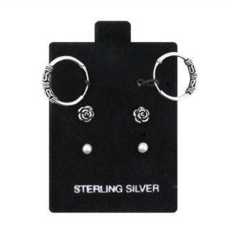 925 Sterling Silver   Bali Hoop Rose Earrings 3prs/Pack Jewelry