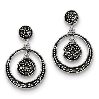 925 Sterling Silver Antique Finish Marcasite Circle Dangle Post Earrings Jewelry