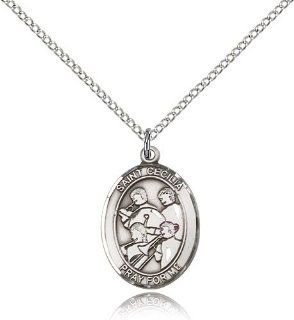 .925 Sterling Silver Saint St. Cecilia / Marching Band Pendan 3/4 x 1/2 Inches Musicians/Singers 8179  Comes with a .925 Sterling Silver Lite Curb Chain Neckace And a Black velvet Box Jewelry