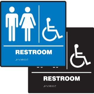 Accuform Signs PAD926BK ADA Braille Tactile Sign, Legend "RESTROOM" with Unisex and Handicap Graphic, 8" Width x 8" Length x 1/8" Thickness, White on Black Industrial Warning Signs