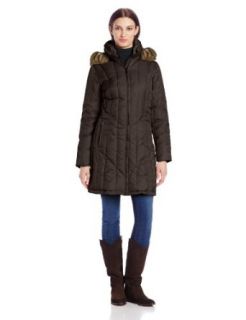 Nautica Women's Rail Quilt Puffer with Faux Fur Trim, Chocolate, Small