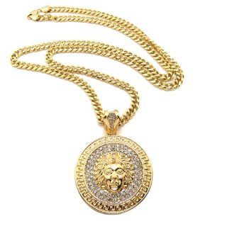 New Gold Rhinestone Medusa Circle Pendant Necklace w/ 6mm 30" Cuban Link Chain XP908G Cuban Link And Medusa Charm Jewelry