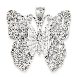 14K White Gold Diamond Cut Filigree Butterfly Polished Pendant 38mmx35mm Jewelry