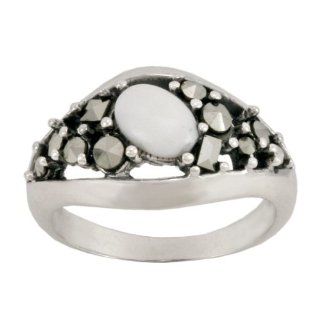 Sterling Silver Marcasite Oval White Agate Band Ring, Size 7 Jewelry