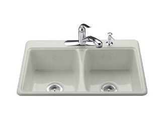 Kohler K 5815 3 95 Deerfield Self Rimming Kitchen Sink with Three Hole Faucet Drilling, Ice Grey   Double Bowl Sinks  