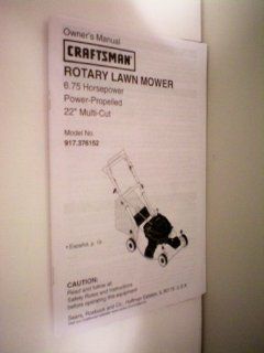 Craftsman Rotary Lawn Mower 6.75 Horsepower Power Propelled 22" Multi Cut    Model No. 917.376152    Owner's Manual, General Setup, Maintenance Check List    as shown 