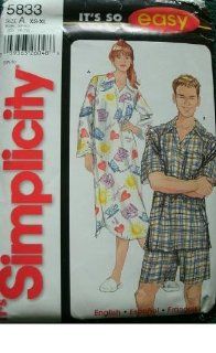 MISSES, MENS OR TEENS NIGHTSHIRT AND PAJAMAS SIZE XS XL SIMPLICITY SEWING PATTERN 5833