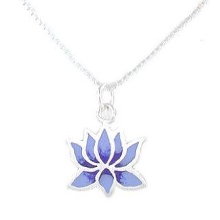 Small Lotus Flower Pendant with Light and Dark Blue Finish in Sterling Silver on a 16" Sterling Box Chain, #8221 Taos Trading Jewelry Jewelry