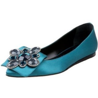 Tibi Women's Fantasia Flat, Teal Satin/Blue Buckle, 5 M US Flats Shoes Shoes