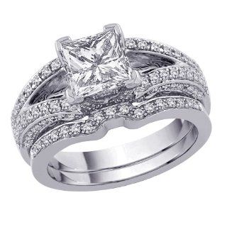 14K White Gold 1 5/8 ct. Diamond Bridal Engagement Set with Princess Cut Center Diamond (G H Color, SI2 I1 Clarity) Katarina Jewelry