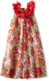 Rare Editions Girls 2 6X Floral Print Dress, Coral, 4 Clothing