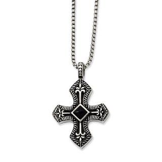 Chisel   Stainless Steel Antiqued Black Agate Cross Pendant Necklace 24" Jewelry