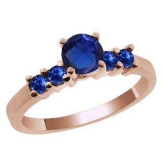 0.87 Ct Round Blue Created Sapphire Sapphire 14K Rose Gold Engagement Ring Jewelry