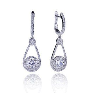 Lavish Collection Rhodium Plated Sterling Silver Dangling Raindrop Shape Design with Halo Setting inside CZ Earrings Jewelry