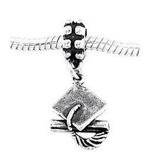 Sterling Silver Three Dimensional Graduation Hat and Diploma Dangle Bead Charm Jewelry