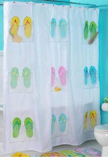 Embroidered Flip Flop Shower Curtain with 9 storage pockets   Beach