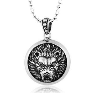 JewelryWe New Stainless Steel Tribal Biker Men's Lion King Pendant Necklace With Black CZ Cubic Zirconia Birthday Xmas Gift (with Gift Bag) Jewelry