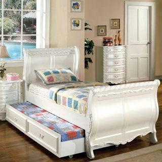 Alexandra Pearl White Finish Full Size Bed Frame w/ Trundle   Bedroom Furniture Sets