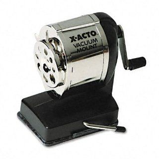 X ACTO Products   X ACTO   Model KS Manual Sharpener, Vacuum Base, Black/Chrome   Sold As 1 Each   Steel receptacle with locking quide for eight pencil sizes.   Twin steel cutters with Pencil Saver prevents over sharpening.   