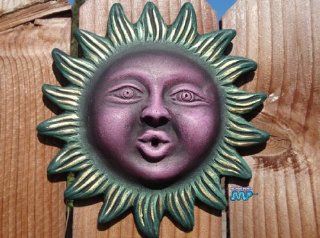 Sun Green Face purple Face Red Clay Ceramic Large 8 1/2" Plaque Folk Hanging Wall Art Mexico Pottery Decor [Nice Moon facing Sun within Sun] Hand Made & Painted  Wall Sculptures  