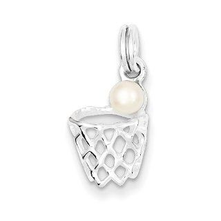 Sterling Silver Syn. Pearl Basketball In Hoop Charm, Best Quality Free Gift Box Satisfaction Guaranteed Pendant Necklaces Jewelry