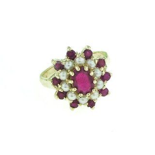 14K Yellow Gold Ladies Vibrant Ruby & Pearl Cluster Ring   Finger Sizes 5 to 12 Available Jewelry
