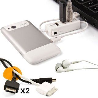 Computer Desk Organizer Accessories Kit ; Sony Xperia ion White Mobile Phone Charger USB 2.0 HUB + x2 Golden Yellow Cable Organizers + White Universal Earbud Earphones  Office Desk Organizers 