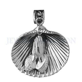 14K White Gold Shell With Praying Hands Pendant Jewelry
