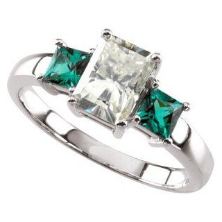 Ann Harrington Jewelry 14k White Gold 1 Ct (7x5 Mm) Emerald Cut Charles & Covard Created Moissanite And 3.5 mm Princess Cut Chatham Emerald 3 Stone Ring Jewelry