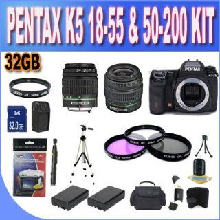 Pentax K 5 16.3 MP Digital SLR Black with PENTAX 18 55 f/3.5 5.6 II AF LENS & PENTAX F 50 200 AUTO FOCUS LENS (2 Lens Kit) w/32GB SDHC Memory + 2 Extended Life Batteries + Ac/Dc Charger + 3 Piece Filter Kit + UV Filter + SDHC USB Card Reader + Shock
