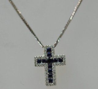 18k White Gold Diamond& Sapphire Cross. Pendant Slides Jewelry