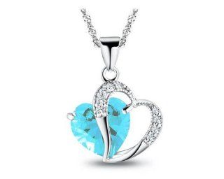 KATGI Fashion Sterling Silver Plated Diamond Accent Austrian Crystals Heart Shape Pendant Necklace (Dark Blue) Jewelry