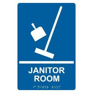 ADA Janitor Room Braille Sign RRE 965 WHTonBLU Wayfinding  Business And Store Signs 
